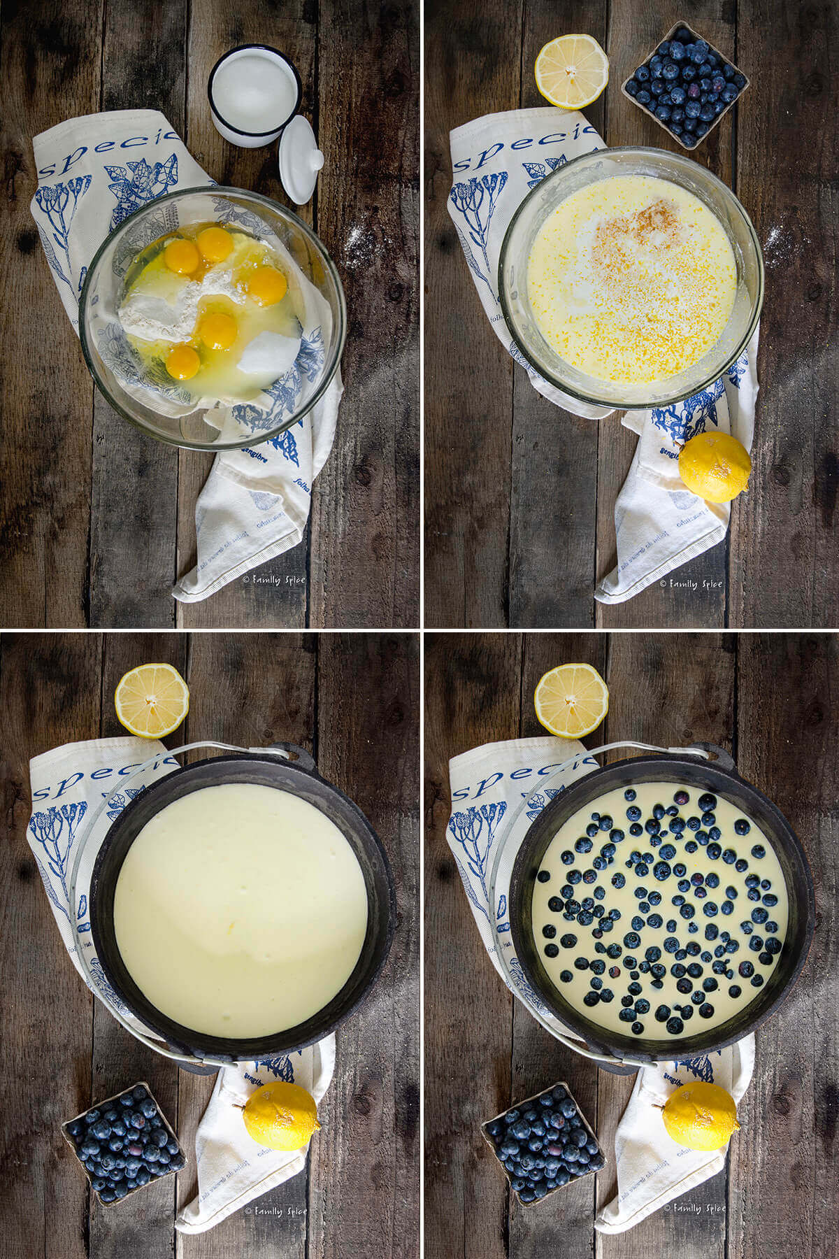 Collage of four photos showing how to make a blueberry lemon clafoutis in a cast iron dutch oven.