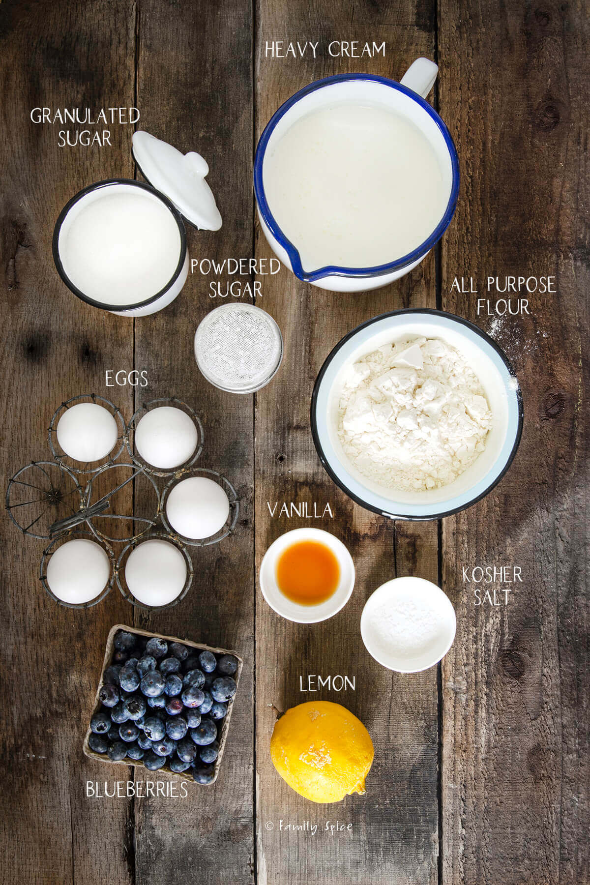 Ingredients labeled and needed to make blueberry lemon clafoutis.
