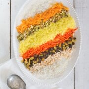 Pinterest image for shirin polo, Persian sweet rice.