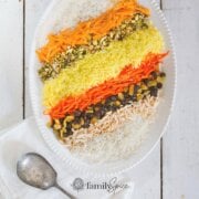 Pinterest image for shirin polo, Persian sweet rice.