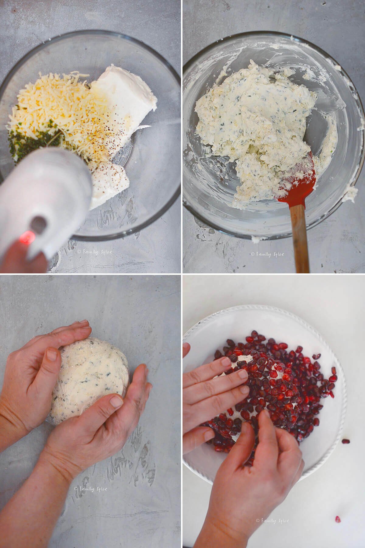Collage of four photos showing how to make a pomegranate cheese ball.