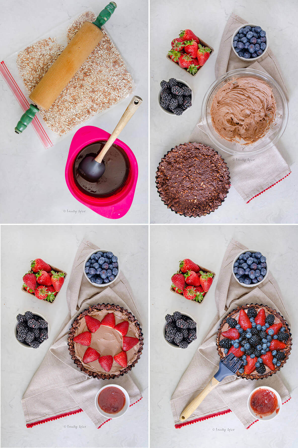 Collage of four photos showing how to make a nutella berry tart.