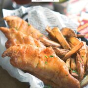 Pinterest image for beer battered fish and chips.
