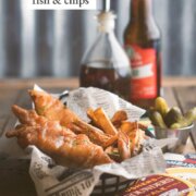 Pinterest image for beer battered fish and chips.