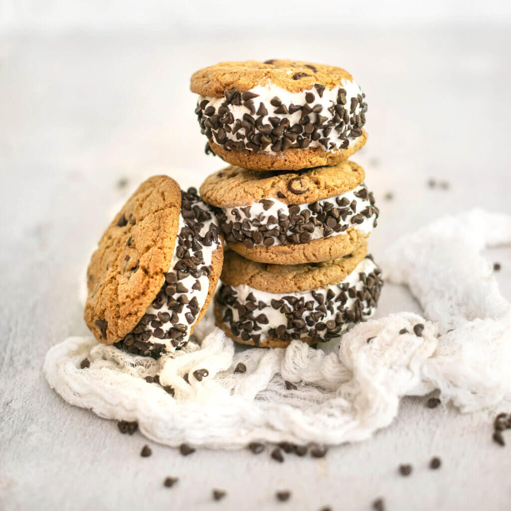 A stack of chocolate chip ice cream sandwiches (homemade chipwich).