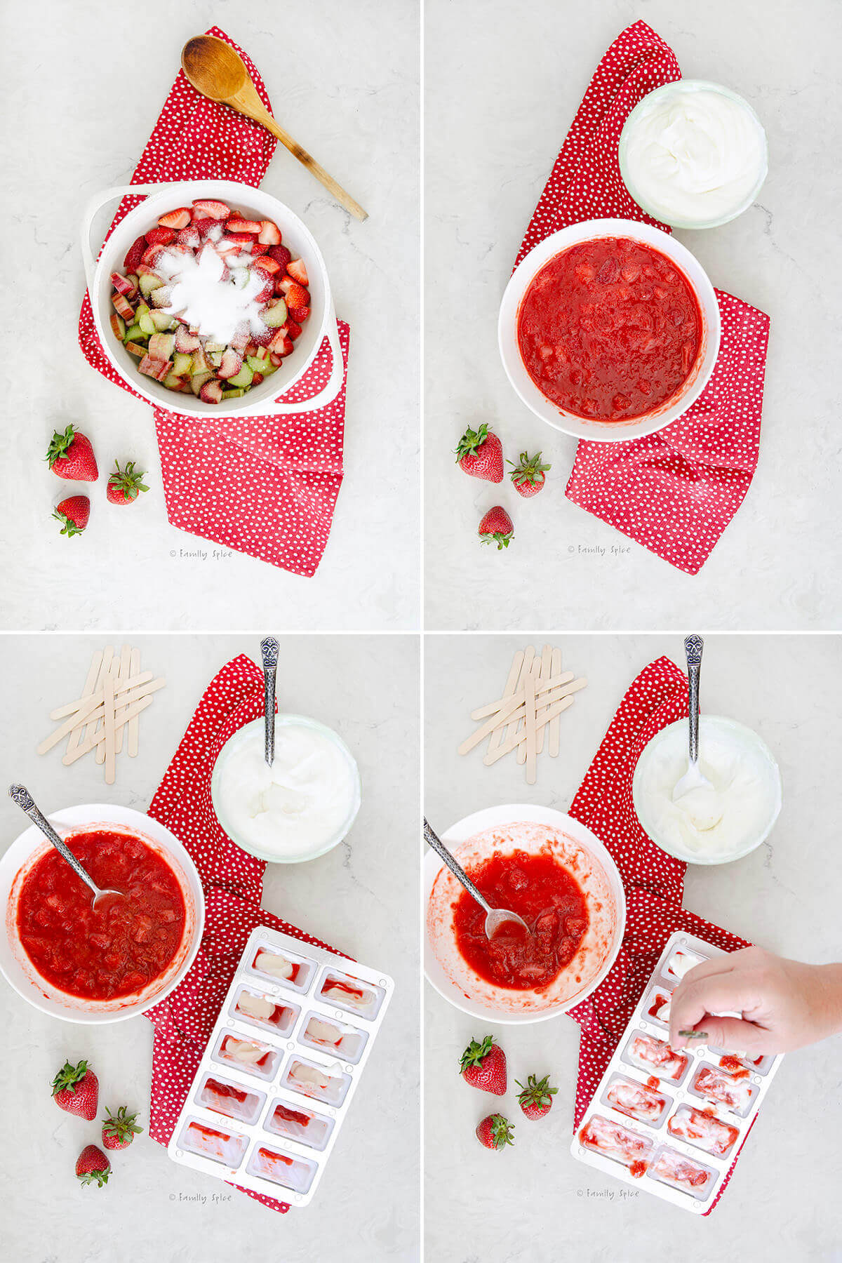 Collage of four images showing how to make strawberry rhubarb creamsicles.