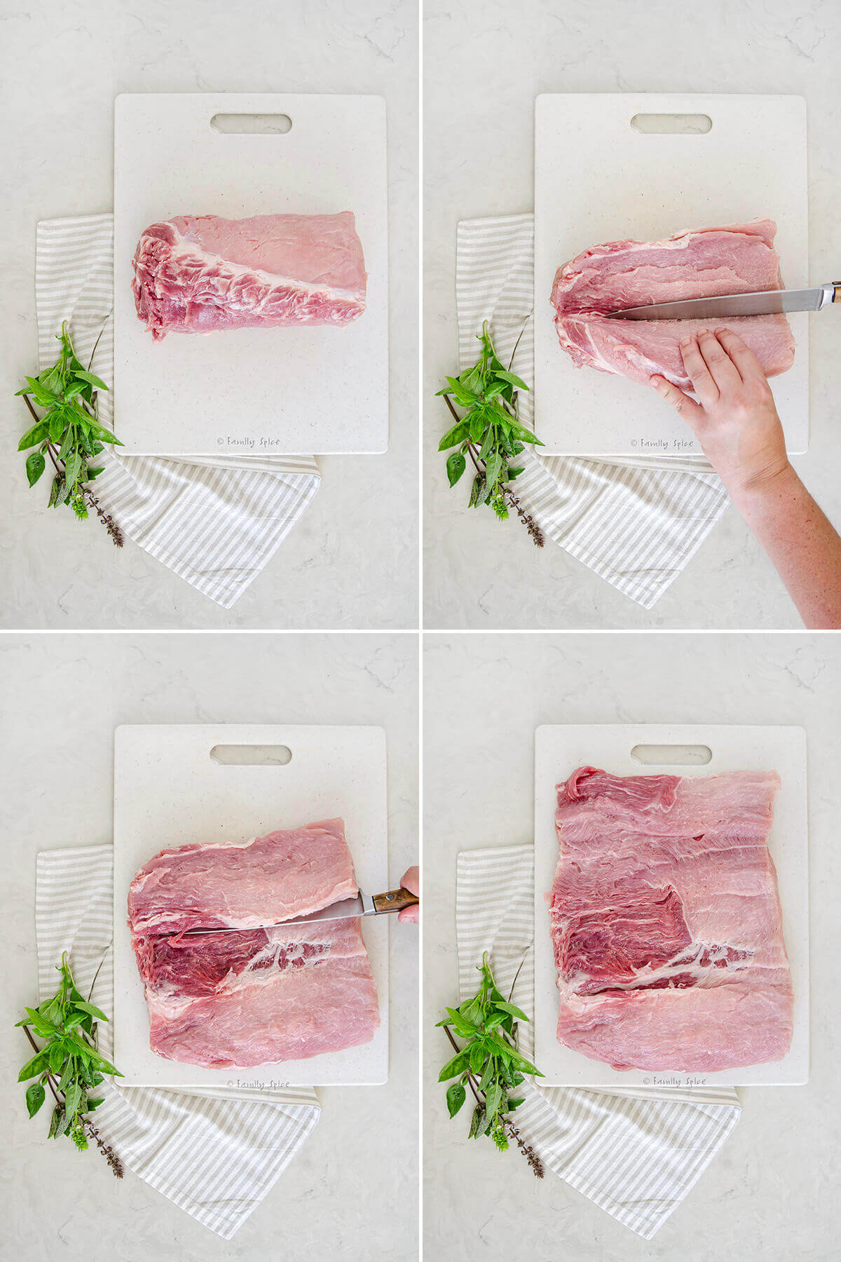 Collage of four images showing how to cut a pork loin roast so you can stuff and roll it.