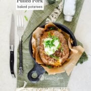 Pinterest image for pulled pork baked potatoes.