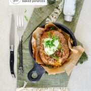 Pinterest image for pulled pork baked potatoes.