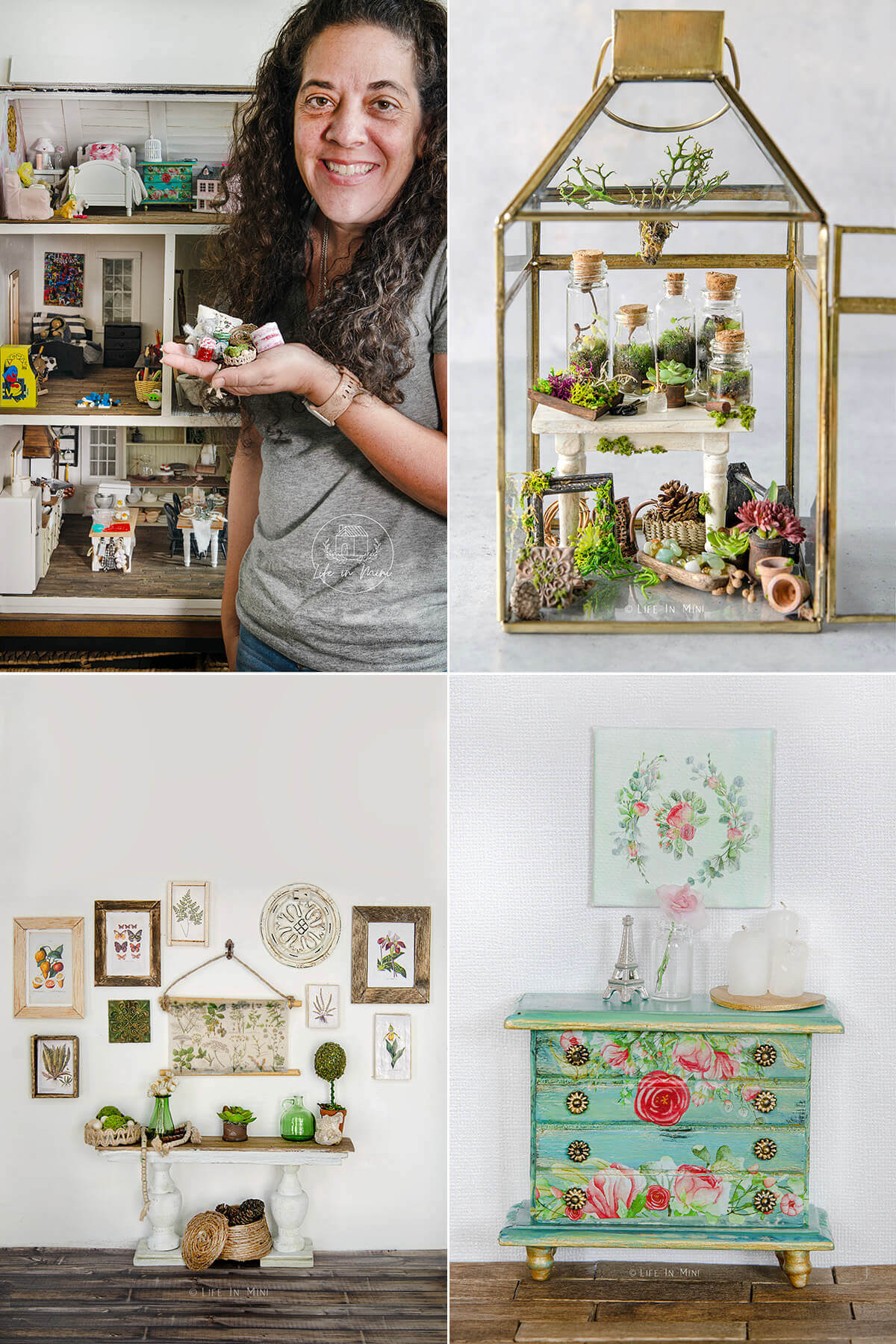 Collage of four pictures showing Laura and some of the dollhouse miniatures she has made.