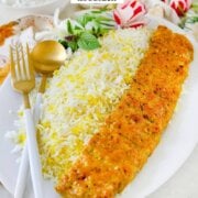 Pinterest image for chicken koobideh kabob.