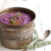 Pinterest image for purple sweet potato soup.