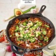 Pinterest image for pulled pork enchilada skillet.