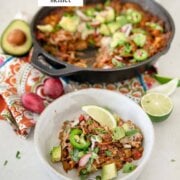 Pinterest image for pulled pork enchilada skillet.