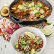 Pinterest image for pulled pork enchilada skillet.