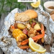 Pinterest image for seafood boil foil packets.