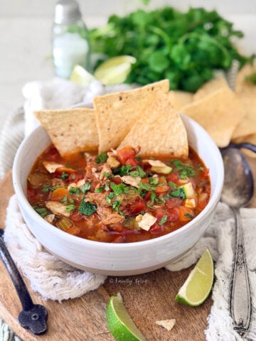Closeup of a white bowl with pulled pork tortilla soup and ingredients behind it.