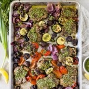 Pinterest image for sheet pan chicken chimichurri.