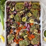 Pinterest image for sheet pan chicken chimichurri.