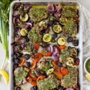Pinterest image for sheet pan chicken chimichurri.