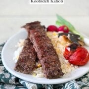 Pinterest image for oven baked sheet pan koobideh kabob.