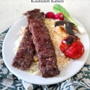 Pinterest image for oven baked sheet pan koobideh kabob.