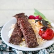 Pinterest image for oven baked sheet pan koobideh kabob.