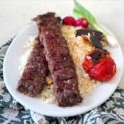 Pinterest image for oven baked sheet pan koobideh kabob.