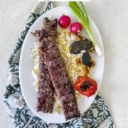 Pinterest image for oven baked sheet pan koobideh kabob.