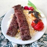 Pinterest image for oven baked sheet pan koobideh kabob.