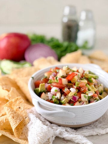 Side view of a bowl of apple salsa with chips and other ingredients behind it.